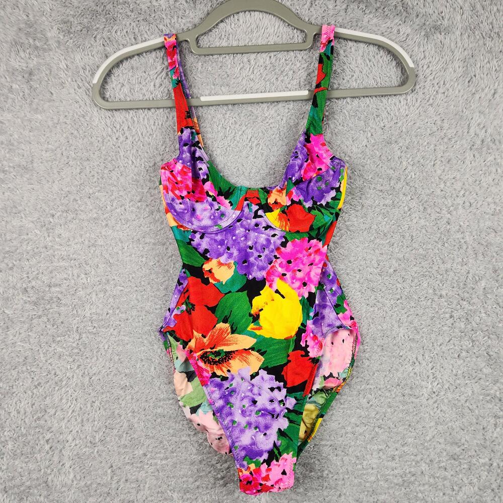 Vintage Gottex Swimsuit Womens 8 Multicolor Floral One Piece Bra Israel 80s Boho